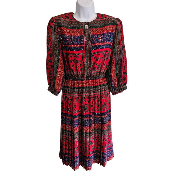 Vintage Lady Carol Red Paisley Pleated Dress Size 10 - Picture 1 of 8